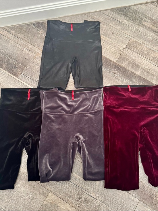 SPANX Pants - SPANXShape Leggings 4 pcs: 1 Black Faux Leather, 3 Velvet: Black, Gray, Bugundy
